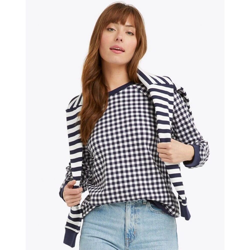 Draper James Natalie Sweatshirt Women's 3X Navy Blue Gingham Top NWT